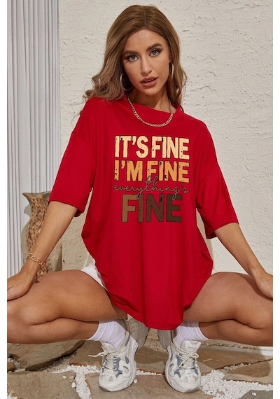 Unisex Fine Baskılı T-shirt Kırmızı