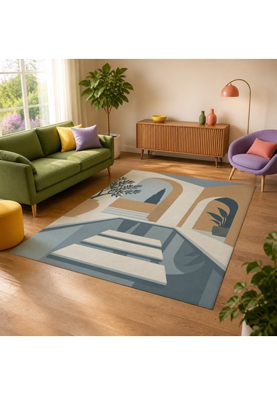 Kartela Halı Avlu Mimari Desenli Modern Halı Mavi Kaymaz Taban Makinede Yıkanabilir 100x150 Cm