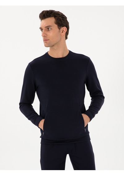 Lacivert Regular Fit Modal Karışımlı Bisiklet Yaka Sweatshirt