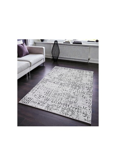 Modern Soyut Kilim Siyah Beyaz Minimal Desen Kaymaz Taban Yıkanabilir Siyah Siyah