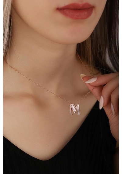 Baget Taşlı Pırlanta Model Gümüş Harf Kolye - M Rose Gold