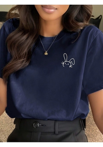 Flood Of Style Kadın Lacivert Figür Tavşan Baskılı Oversize