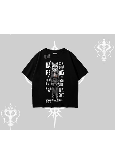 Startmore Startmore Dream Big Yazılı Takım Elbiseli Kedi Baskılı Oversize Tshirt Siyah