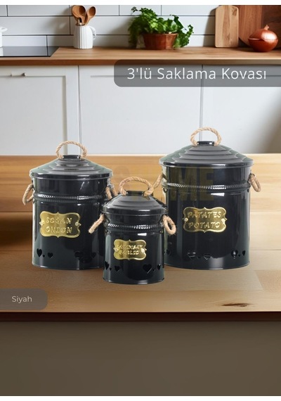 3'lü Set Sebzelik Metal Patates Soğan Sepeti Sarımsak Kovası Şık Organizer Siyah Siyah