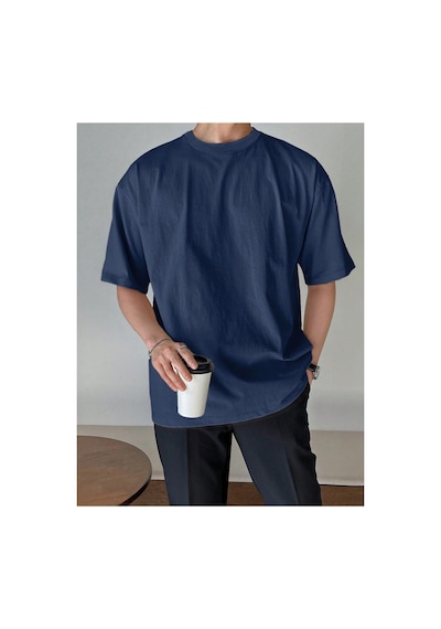 Tarz Cool Erkek Bisiklet Yaka %100 Pamuk T-shirt Lacivert