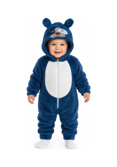 Kız Erkek Bebek Welsoft Peluş Tulum Kapüşonlu Fermuarlı Kışlık Bebek Tulumu Köpek Figürlü Yumuşak Polar Tulum Lacivert