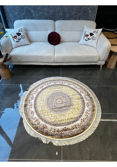 Orfe İpek Tuşeli Halı Salon Halısı, Oturma Odası Halısı, Antre Giriş Halısı Yuvarlak Altın