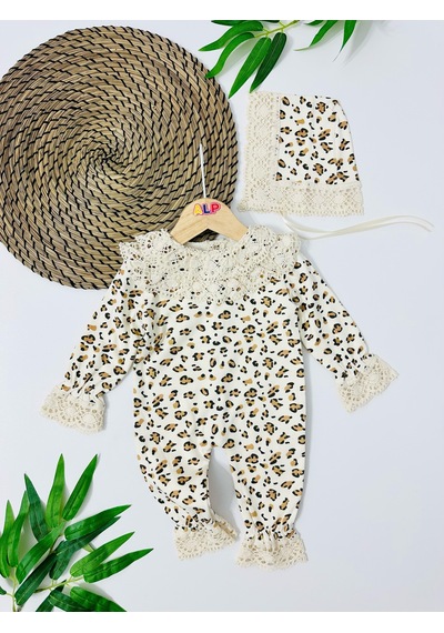 Alpbebe Laos Fisto Detaylı Leopar Desen Arkadan Çıtçıtlı Mevsimlik Tulum Set - Krem Krem