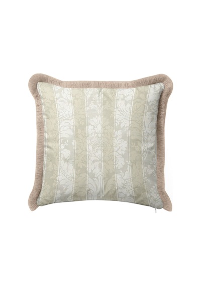 Vintage Damask Motifli Saçaklı Yastık Kılıfı - Avangart Çiçekli Krem Vizon Püsküllü Kırlent Kılıfı Siyah