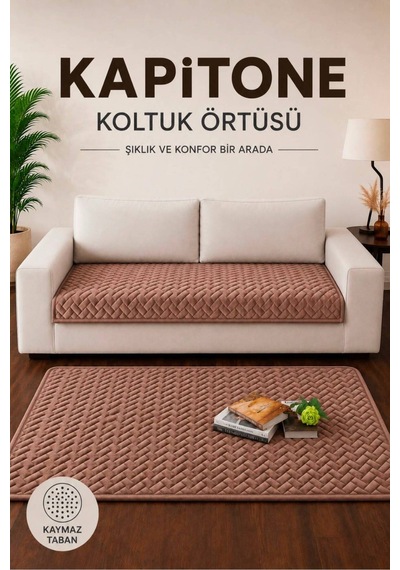 Tek Parça Kaymaz Taban Kapitone Koltuk Örtüsü Çekyat Kanepe Örtüsü 90x200 Kahverengi Kahverengi