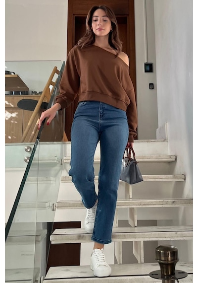 Kahverengi Kayık Yaka Kadın Sweatshirt Mg2208