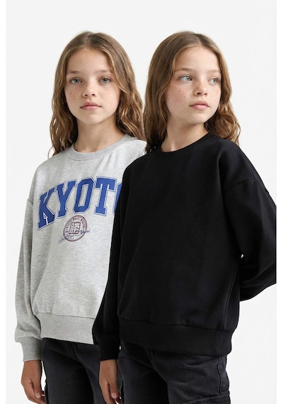 Defacto Kız Çocuk Relax Fit Bisiklet Yaka Slogan Baskılı 2li Sweatshirt E6473a825aubk81 Siyah