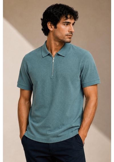 Alexandergardi Kısa Kollu Fermuarlı Polo Yaka T-shirt İndigo
