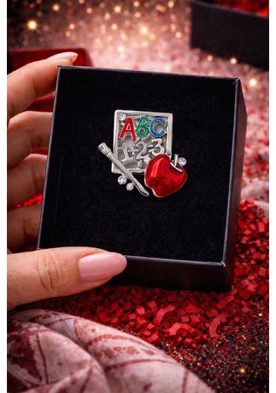Öğretmen Temalı Abc Broş Kırmızı Elma Detaylı Gümüş Renk Şık Öğretmen Hediyesi 2 Renkli