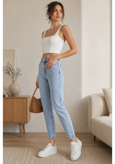 Woddi Kadın Jeans Buz Mavi Kar Yıkama Mom Jeans Yüksek Bel Denim Kot Pantolon Taş