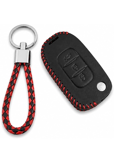 Autohan Keys Renault Megane 4, Clio 5, Captur İçin, Deri Anahtar Kılıfı, 3 Butonlu, Siyah-kırmızı Örgülü, Anahtarlık Dahil