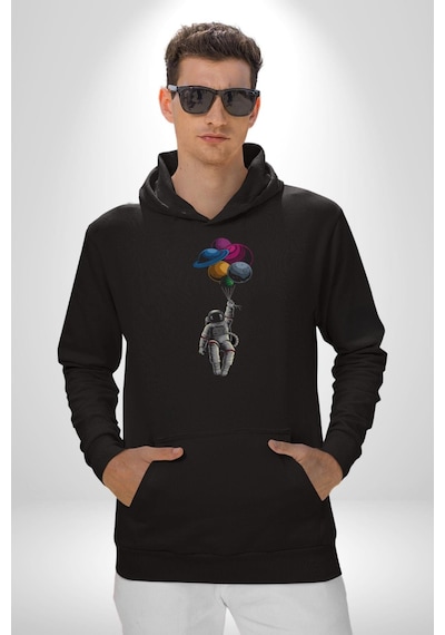 Gezegenler Balon Astronot Yükselişi Kadın Erkek Siyah Kapüşonlu Sweatshirt Hoodie Siyah