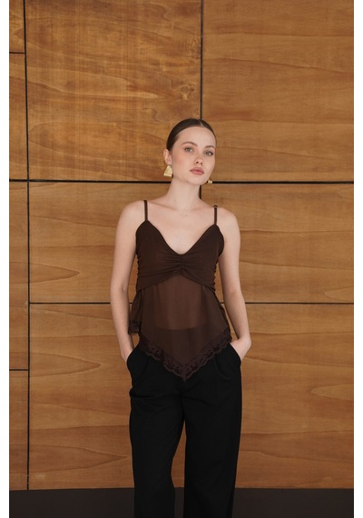 Verymoda D 2979 Askılı Dantel Detaylı Tül Bluz - D2979 Kahve