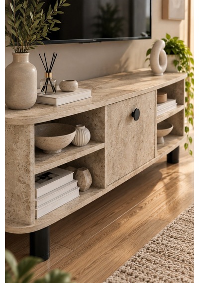 Sulorahome Ekru Traverten Desenli Suntalam Tv Sehpası 136 Cm