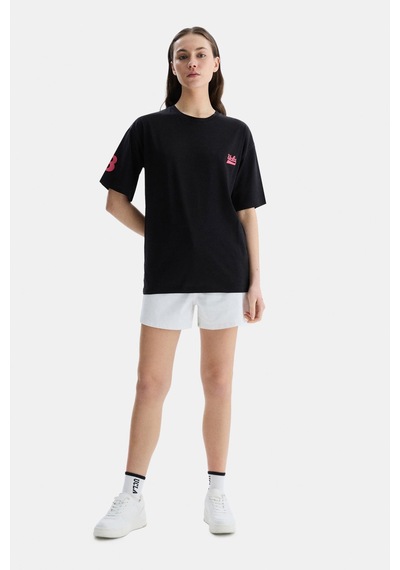 Ucla Paradıso Siyah Bisiklet Yaka Baskılı Oversize Kadın Tshirt Siyah