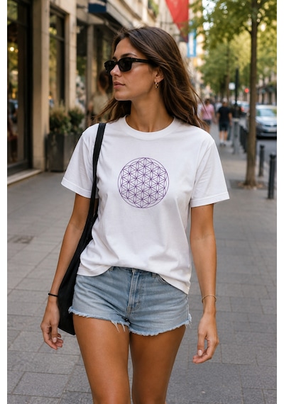 Me Selection Yaşam Çiçeği Tasarım %100 Pamuk Unisex Basic Tişört Beyaz