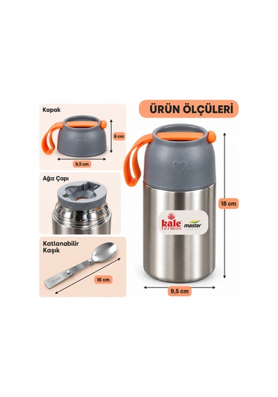 Kale Master 650 Ml Çelik Yemek Termosu 304 Paslanmaz Çelik Termal Yemek Kabı, Katlanabilir Kaşıklı Ve Taşıma Kulplu-497 Gümüş