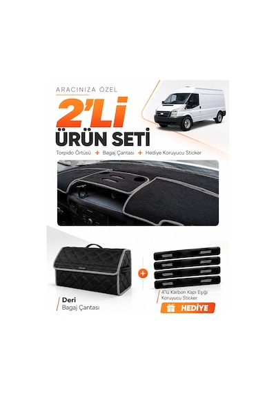 E-biz Ford Transit 2007-2012 Uyumlu Torpido Örtüsü + Deri Bagaj Çantası Seti - Siyah-gri - Fo029
