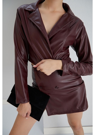 Winmoda34 Şortlu Takım Ceket Suni Deri Şort Etek Ceket Ikili Takım Bordo