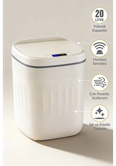 20 Litre Hareket Sensörlü Akıllı Çöp Kovası Beyaz
