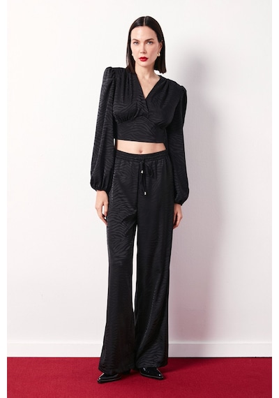 Sateen Desenli Kruvaze Saten Bluz - Siyah-134487