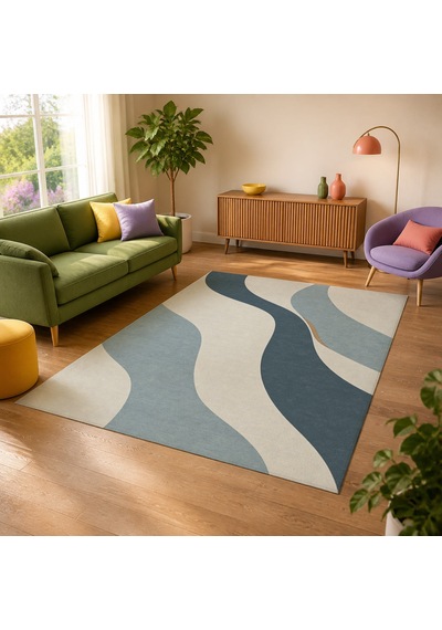 Kartela Halı Akış Dalgalı Modern Halı Mavi Kaymaz Taban Makinede Yıkanabilir Salon Halısı 80x120 Cm