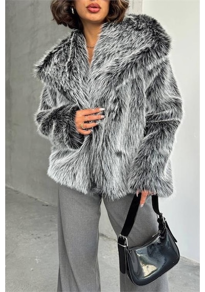 Dip Moda Kadın Gri İthal Kumaş 1. Kalite Kürk Kaban Dpnbg053 Gri