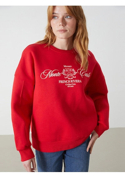LC Waikiki Bisiklet Yaka Baskılı Oversize Kadın Kalın Sweatshirt Kırmızı