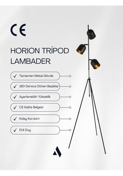Horion Tripod Lambader 3 Başlıklı, Ayarlanabilir, Metal Gövde Siyah, Beyaz, Eskitme Gold Siyah