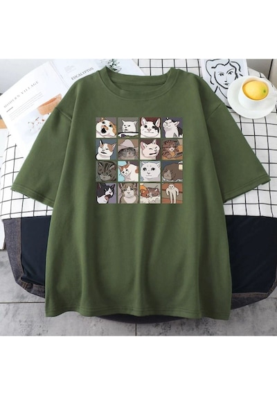 Flood Of Style Erkek Haki Cat Baskılı Oversize Bisiklet Yaka Tshirt