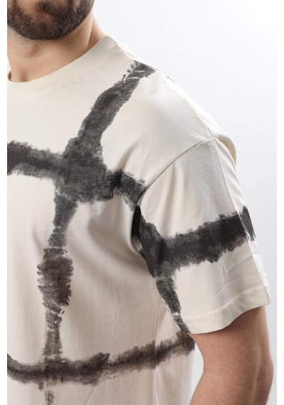 Madmext Ekru Bisiklet Yaka Baskılı Basic Erkek T-shirt E7109 Ekru