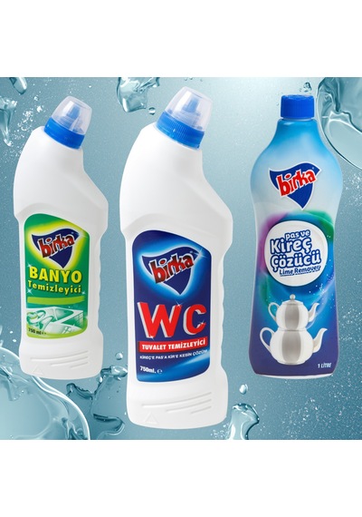Birka 3 Lü Temizlik Seti Wc Tuvalet 750 Ml + Banyo Temizleyici 750 Ml + Pas Ve Kireç Çözücü 1 L 3'lü Set