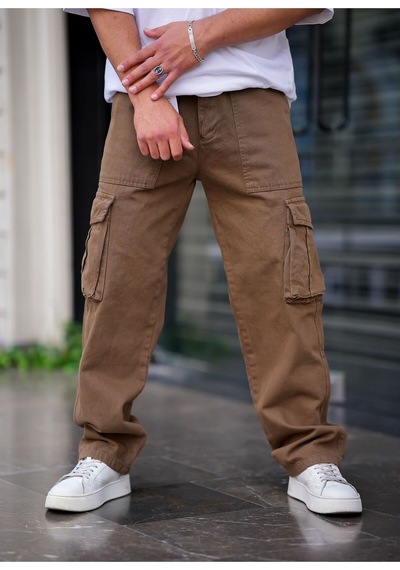 Cool Tarz Erkek Kargo Cep Baggy Pantolon Kahve Rengi Kahve Kahve
