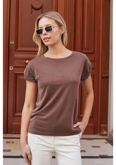 Jument Kadın Modal Penye Geniş Sıfır Yaka Düşük Omuzlu Apoletli Kısa Kol T-shirt Bluz-kahve Kahve Jument Kadın Modal Penye Geniş Sıfır Yaka Düşük Omuzlu Apoletli Kısa Kol T-shirt Bluz-kahve Kahve
