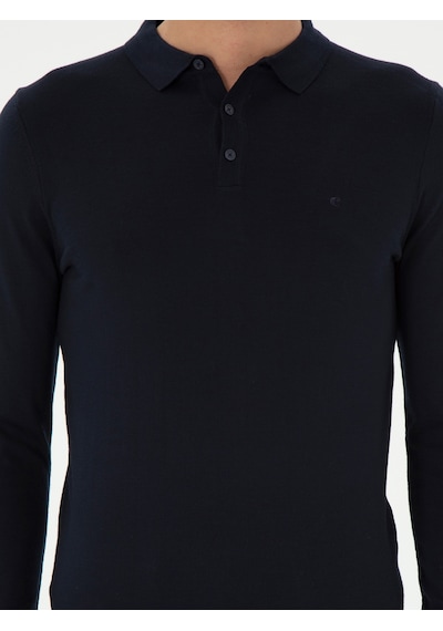 Cacharel Lacivert Slim Fit Yün Karışımlı Polo Yaka Basic Triko Kazak