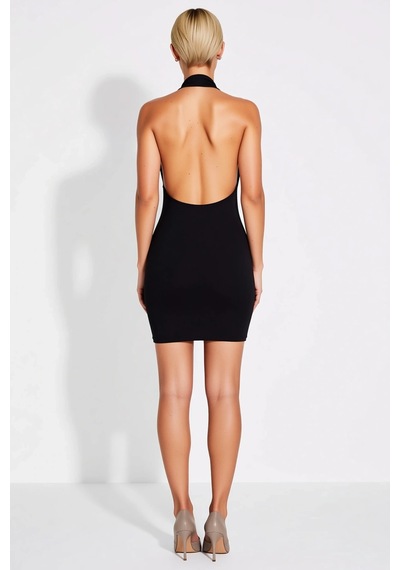 Benerly Kadın Kolsuz Degaje Yaka Bodycon Mini Plaj Elbisesi Mikro Örme El Siyah