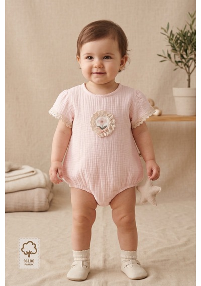 Minory Baby - %100 Pamuk Müslin Kız Bebek Tulum Pembe Pembe