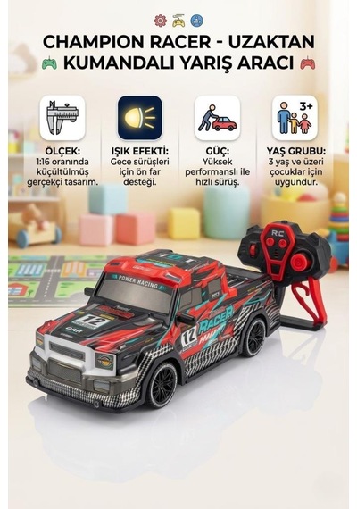 Champion Racer Uzaktan Kumandalı Yarış Arabası 1:16 Ölçek - Işıklı Ve Tam Fonksiyonlu Siyah - Kırmızı - Mavi