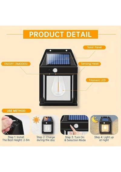 Hareket Sensörlü Güneş Enerjili Bahçe Led Ampul Su Geçirmez 3 Mod