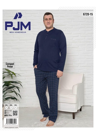 Pijamoni Erkek Battal Düğme Yaka Penye Uzun Kol Pijama Takımı 6720/15 - 1 Adet Lacivert