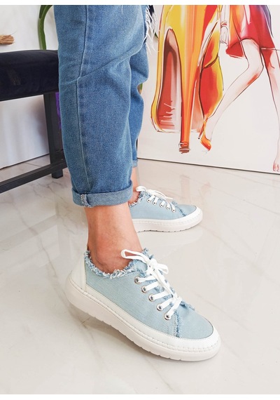 Gdt Ayakkabı Mavi Renk Bağcıklı Düz Taban Kadın Kot Sneakers