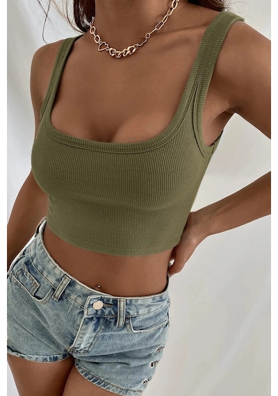 Kapsulavm Kadın Haki Yeşili Kalın Askılı Crop Top Büstiyer
