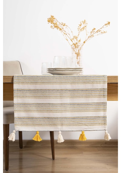 Rivaistanbul Ruffle Püsküllü Pamuklu Ham Keten Runner 50x130 Cm Açık Krem