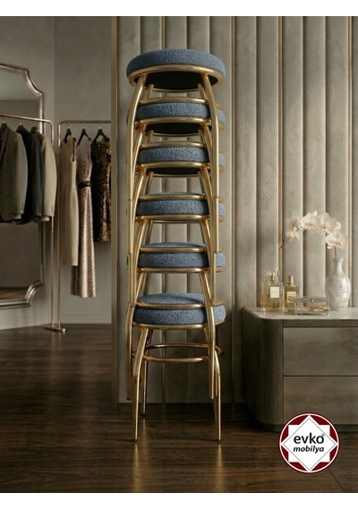 Evko Mobilya Tabure, Bar Taburesi, 2 Adet Tabure, Puf, Bench, Metal Ayaklı Tabure, İç Içe Geçebilen Tabure, Mutfak Balkon Bahçe Taburesi Gold Gri