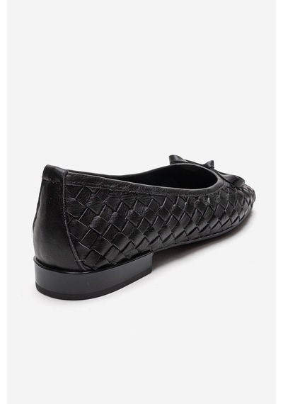 Luvishoes Garen Siyah Örgü Hakiki Deri Fiyonklu Kadın Babet Ayakkabı